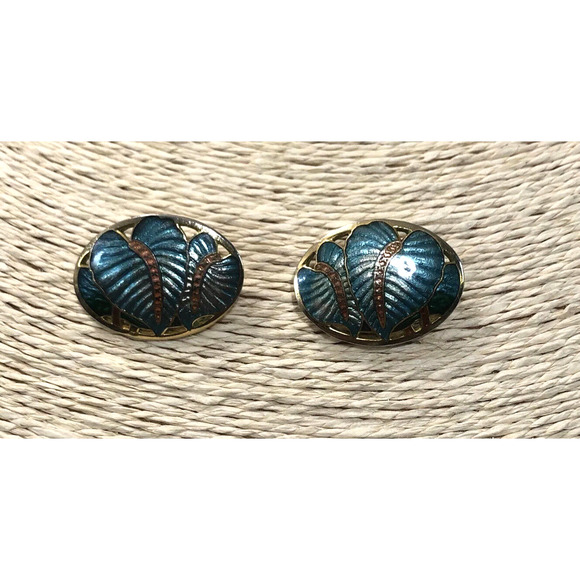 Vintage Signed SG Cloisonne Tropical Flower Botanical Earrings Enamel Gold Tone - Picture 1 of 5